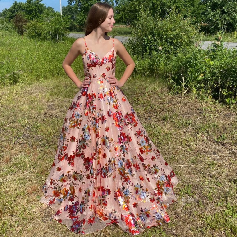 Pink Metallic Floral Prom Dress